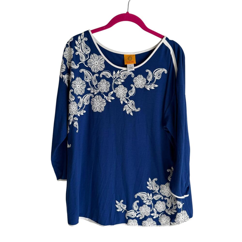 RUBY RD. Royal Blue and White Floral 3/4 Length Sleeve Ladies Top, L